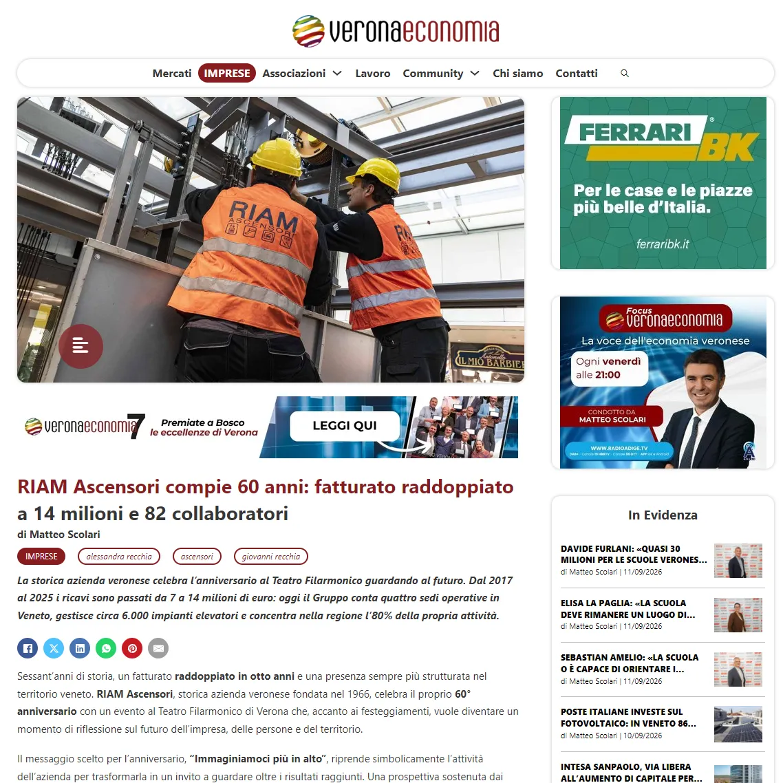 <b>Veronaeconomia</b>: RIAM Ascensori compie 60 anni