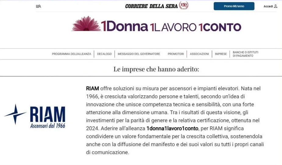 <b>ParitÃ  di Genere</b>: RIAM aderisce anche a 1donna1lavoro1conto